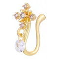 U-shaped gold cross nose clip with purple zircons and sparkling water drop pendant - Cross Style (3721) / KC Gold
