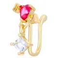 U-shaped gold nose clip with red heart stone and square zircon dangle - Heart and Arrow Style (3718) / KC Gold