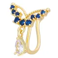 U-shaped gold butterfly nose clip with blue cubic zirconia and teardrop dangle - Hollow Butterfly Style (3694) / KC Gold