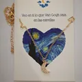 Gouden ring met halve maan en strass op Van Gogh Sterrennacht presentatiekaart - Maan Kunstmatige Zirkonia Kunstkaart Ketting (N-975)