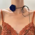 Elegant navy blue 3D satin rose choker with flexible black tie ribbon for women - Dark Blue