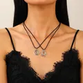 Vintage zon- en spiraalhanger ketting met zwart koord in bohemian stijl voor koppels - Boheems Zon Maan Dubbellaagse Touwketting (N-1051)