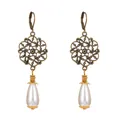 Vintage bronze hollow flower earrings with white teardrop pearls and lever-back hooks - Antique Bronze (4387)