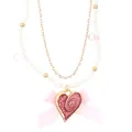 Double-layer crystal pearl necklace with pink heart pendant and silk bow choker - Spiral Pattern Heart Style