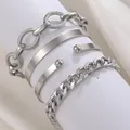 Punk style silver alloy 4-piece bracelet set including wide cuff and Cuban chain - Silver (7823)