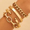 4-piece set of gold-plated alloy bracelets featuring a chunky Cuban chain and open cuff style - Gold (7822)