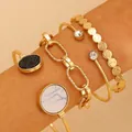 5-piece gold alloy bracelet set featuring marble stones, chunky chains, and crystal accents - Gold (5339)