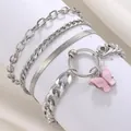 Silver alloy multilayer bracelet set featuring a pink butterfly charm and punk style chains - Silver (2696)