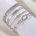 Silver-toned 4-piece punk hip hop alloy chain bracelet set with engraved LOVE design - Silver (4430)