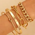 Chic 4-piece gold alloy bracelet set including cuban chain and love bangle - Gold (4851)