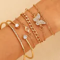 Five-piece gold alloy bracelet set with butterfly and crystal rhinestones on wrist - Gold (7735)