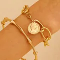 Golden punk alloy 4-piece bracelet set featuring bamboo bangle and coin pendant chain - Gold (10905)