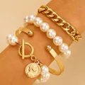 Golden punk cuban chain and pearl bracelet set with a vintage coin charm for women - Gold (5638)