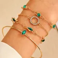 4-piece gold link bracelet set with green gemstones and white rhinestones for women - Gold (4150)