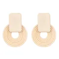 Bohemian style woven raffia sunflower earrings with natural wood grain and geometric design - White Rectangular Circle Style