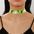 Choker d'Halloween vert vif avec motifs mignons de chats noirs, fantômes et chauves-souris - Fantôme Vert