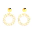 Bohemian style round woven raffia drop earrings with tortoiseshell textured metal studs - Beige Round Metal Disc Rattan Style (11269)