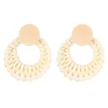 Bohemian woven raffia sunflower earrings with light beige rattan and wood accents - Beige Round Wood Stud Rattan Style (1966)
