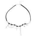 Y2K punk leather choker with silver star pendants and metallic fringe on white background - Style 0763 (01) / Star Tassel Style