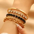 4-teiliges goldenes Armband-Set mit schwarzen und weißen Strasssteinen und Gliederkette - 4-teiliges Set-Stil (WG-0423)
