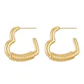 Golden heart-shaped C-style hoop earrings with spiral texture on high-quality stainless steel - Ribbed Heart C-Shape Style (N-492)