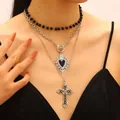 Gothic multi-layer necklace with black beads, silver heart pendant, and cross charm - Antique Silver (9018)