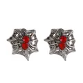 Gothic silver spider web stud earrings with red faceted zircon stones for Halloween - Spiderweb Style (A-1500) / Gunmetal
