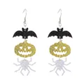Halloween drop earrings with glittery black bat, gold pumpkin and silver spider motifs - Bat Pumpkin Spider Three-Layer Style (A-595) / Black