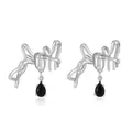 Gothic silver spider earrings with black teardrop gemstone charms for women - Small Black Stone Spider Dangle (9309) / White Gold