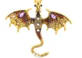 Vintage Drachen Anhänger Halskette Gold mit orangefarbenem Emaille und lila Strass - Anhänger / Antikgold Kaffeebraun