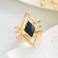 Vintage geometric gold plated multi-layer ring with diamond shape dark blue enamel inlay - Rhombus Multi-layer Style (10183) / Gold