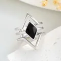 Modern silver multi-layer geometric ring with black diamond enamel center for unisex - Rhombus Multi-layer Style (10318) / Silver