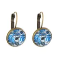 Ethnic vintage bronze drop earrings with blue and white abstract bird pattern insert - Bird Illustration (S506)