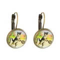 Vintage bronze drop earrings featuring a cat playing tennis illustration on glass - Sporty Cat (S507)