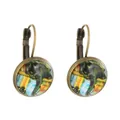Vintage bronze lever-back earrings featuring colorful abstract bird and cat patterns - Black Cat Art (11722)
