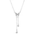 Silver butterfly tassel necklace featuring sparkling crystals and long dangling fringes - Silver Tassel Butterfly Style (S155)