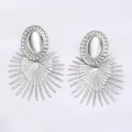 Silver oversized fan-shaped drop earrings with oval mirror stud and radiant sunburst texture - Silver