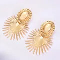 Bohemian gold-plated fan-shaped drop earrings with textured sunburst pattern and studs - Gold
