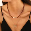 Double-layered beaded necklace with golden butterfly pendant and pearls for women - Gold Double Layer Beaded (A-425)