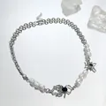Gothic double-layered necklace featuring silver spider charms and baroque pearls finish - Double Layer Irregular Pearl Spider Necklace (M-508) / White K Color