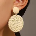 Bohemian woven rattan earrings with gold round studs in a cream white handmade finish - Sunburst Rattan Woven (9831) / Beige