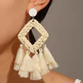 Bohemian large square straw woven earrings with cream white cotton tassels and textured studs - Rhombus Tassel Style (DZ-167) / Beige