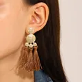 Bohemian large earrings featuring golden metal discs and long tan silk tassels - Triple Round Tassel (N-368)