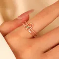 Rose gold arched double ring with red zircon flower and micro-paved crystals - 玻璃罩红玫瑰戒指(N-178)