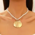 Golden seashell pendant necklace with white twisted rope cord for summer beach wear - Shell Style (K-067) / Gold
