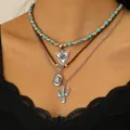 Gelaagde westerse ketting met cowboyhoed cactus bedeltjes en blauwe kralen voor dames - Western Gelaagde Ketting (DZ-060) / Antiek Zilver
