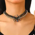 Choker gótico de doble capa con cuentas negras y plateadas y un colgante de araña central - Collar de Perlas de Doble Capa con Colgante de Araña (X172)