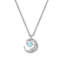 Silver crescent moon star necklace pendant with sparkling blue moonstone and zircon - Crescent Moon Iridescent Stone Silver Style