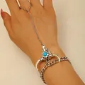 Silberne Vintage Stierkopf Handkette mit Türkisstein im böhmischen Ethno-Stil - Stierkopf Knochen Ring-Armband (1018) / Antiksilber