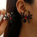Gothic black spider earrings with red rhinestone for a vintage Halloween accessory look - Sing Black Red Gem (Sing Black 3707)
